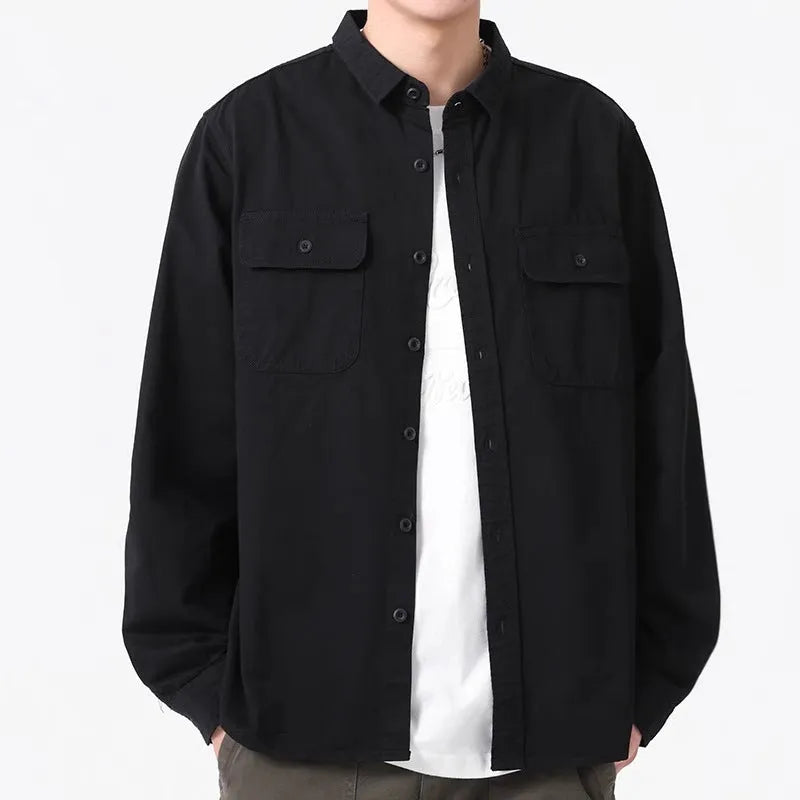 Men's loose fit cardigan-style long sleeve shirt in polyester fibre