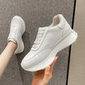 Women's leather sports casual shoes white tail colour, high top raised bottom, two-layer cowhide upper, round toe lace-up