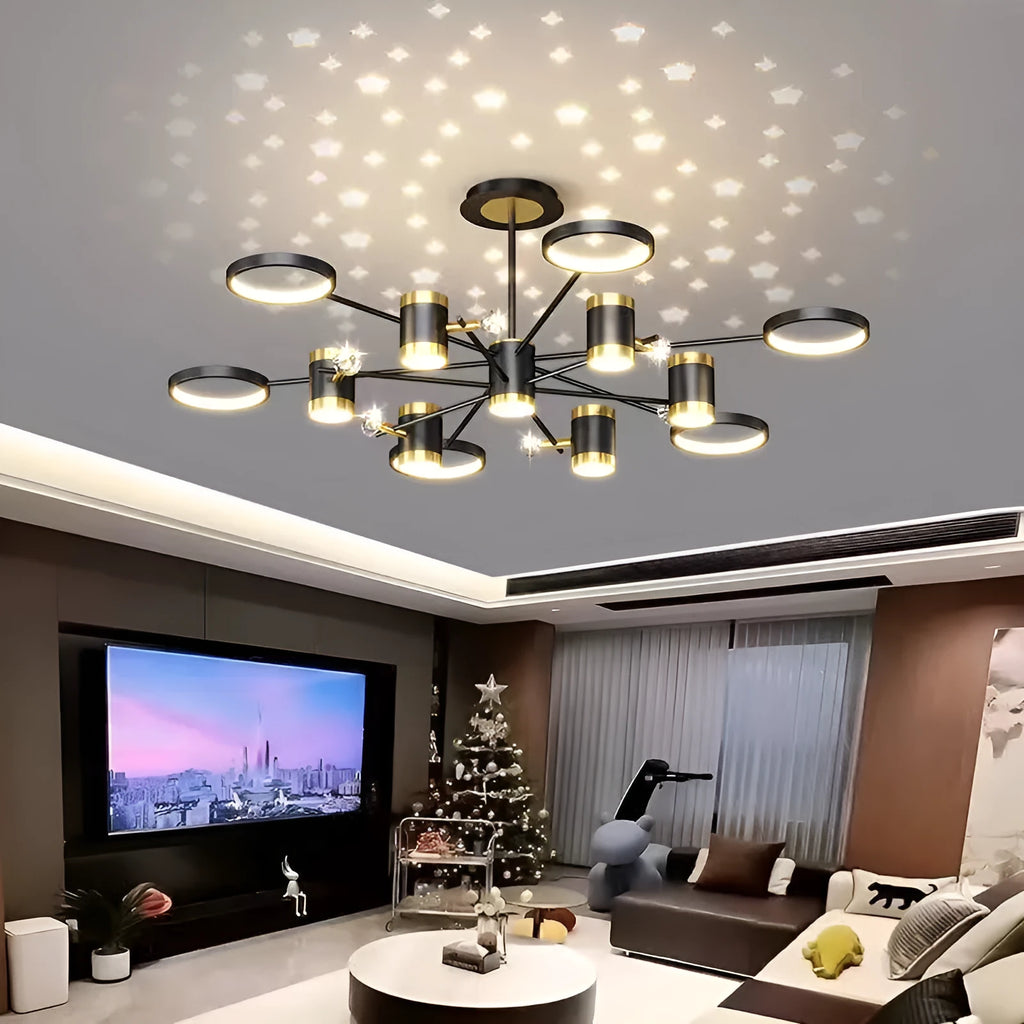 Black iron star chandelier ceiling light with 13 LED heads and remote control