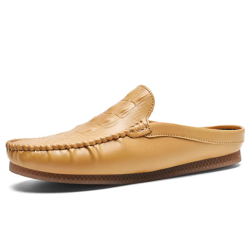 Men's black breathable Gommino semi-slippers with artificial PU upper and rubber sole.