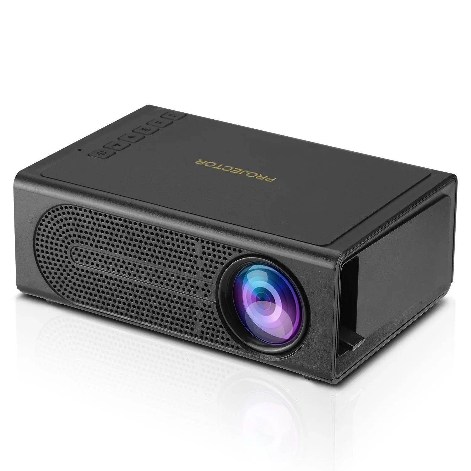 Portable mini projector in black with wired mobile phone connection and UK plug