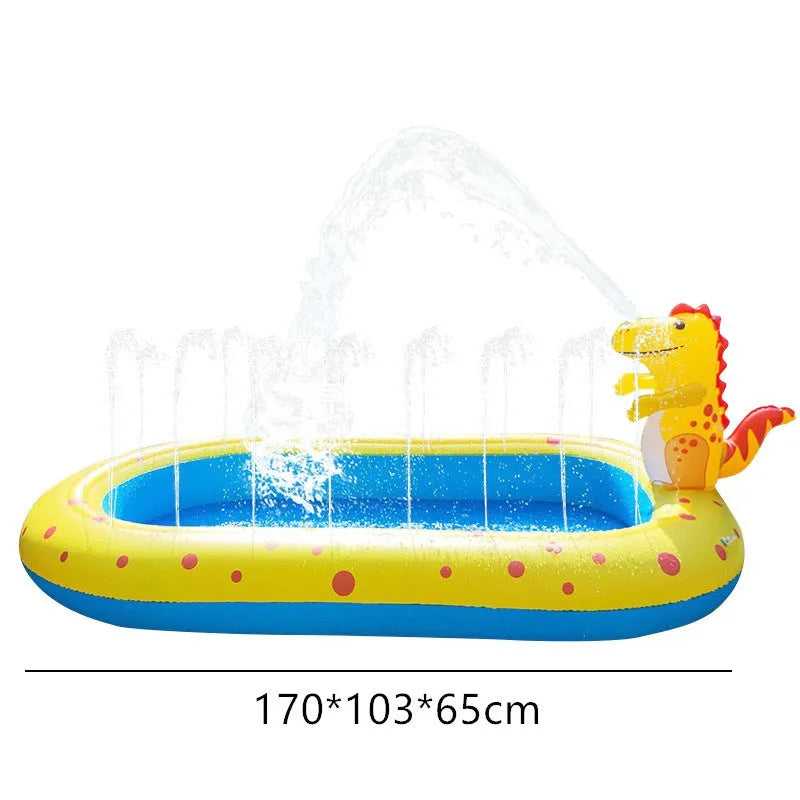 Blue dinosaur-themed inflatable water spray pool measuring 170 cm long for kids and pets