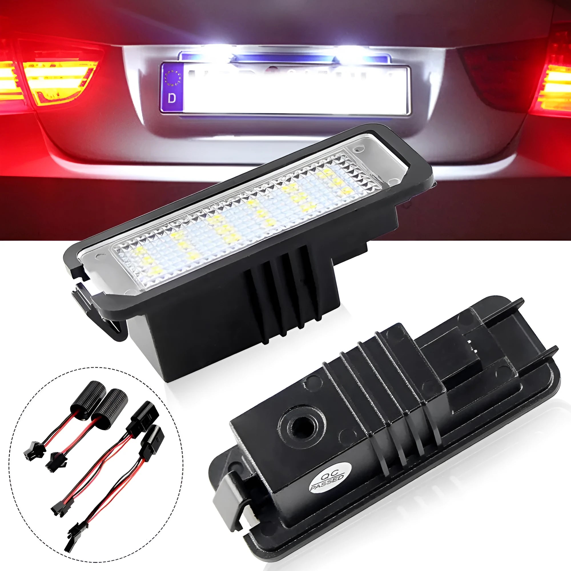 Volkswagen LED licence plate light unit for Golf, Polo, Phaeton models with 24 SMD LEDs.