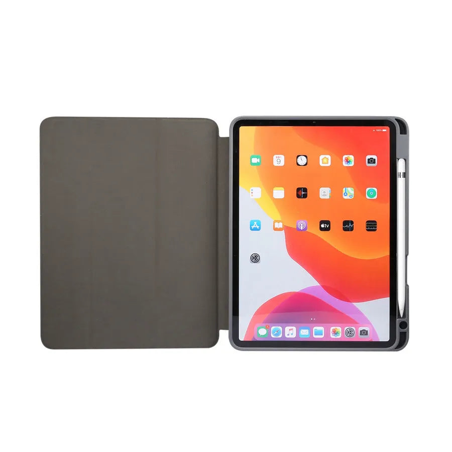 Tri-fold imitation leather iPad case in dark grey, shown open with a stylus in the integrated pen slot.