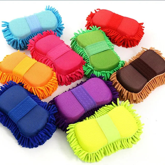 Silvery green chenille microfiber car wash sponge measuring 14 by 25 centimetres