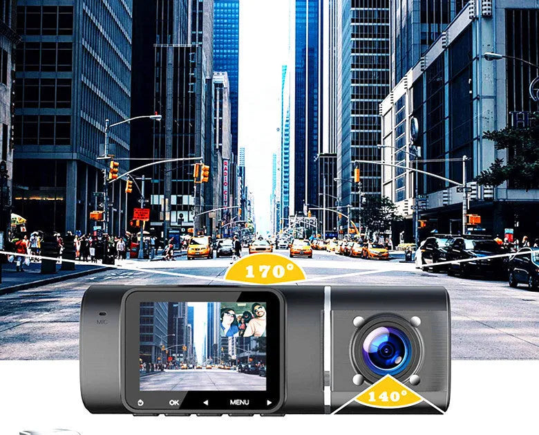 Standard black front and rear dash camera with 1.5-inch screen on a car windscreen.