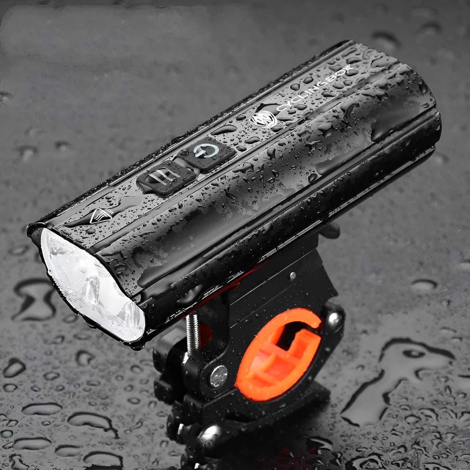 Black rechargeable bicycle light 1800 lumens with aluminium alloy body and POM bracket mounted on a handlebar