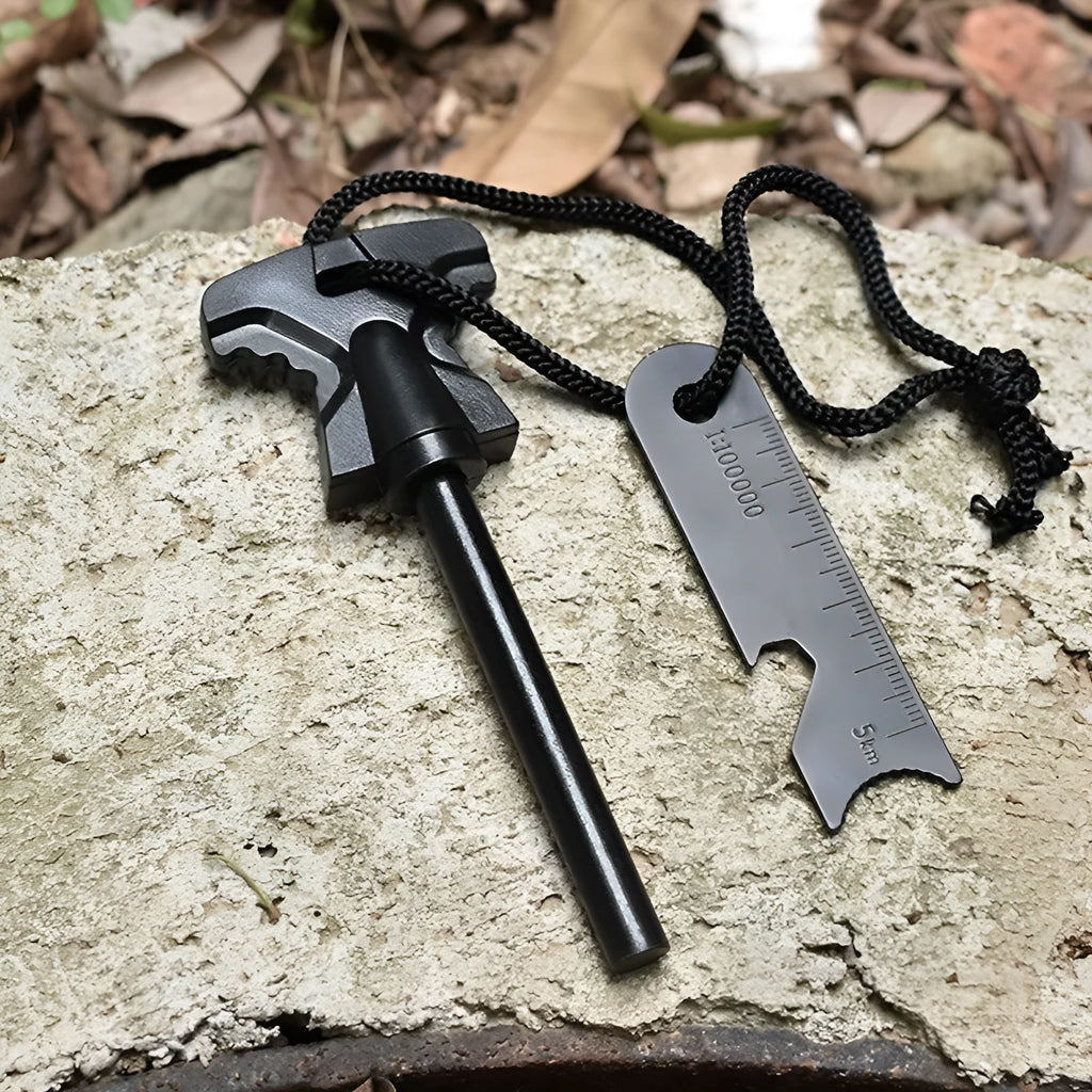 Butterfly-shaped stainless steel fire starter with ferrocerium rod, striker, and bottle opener