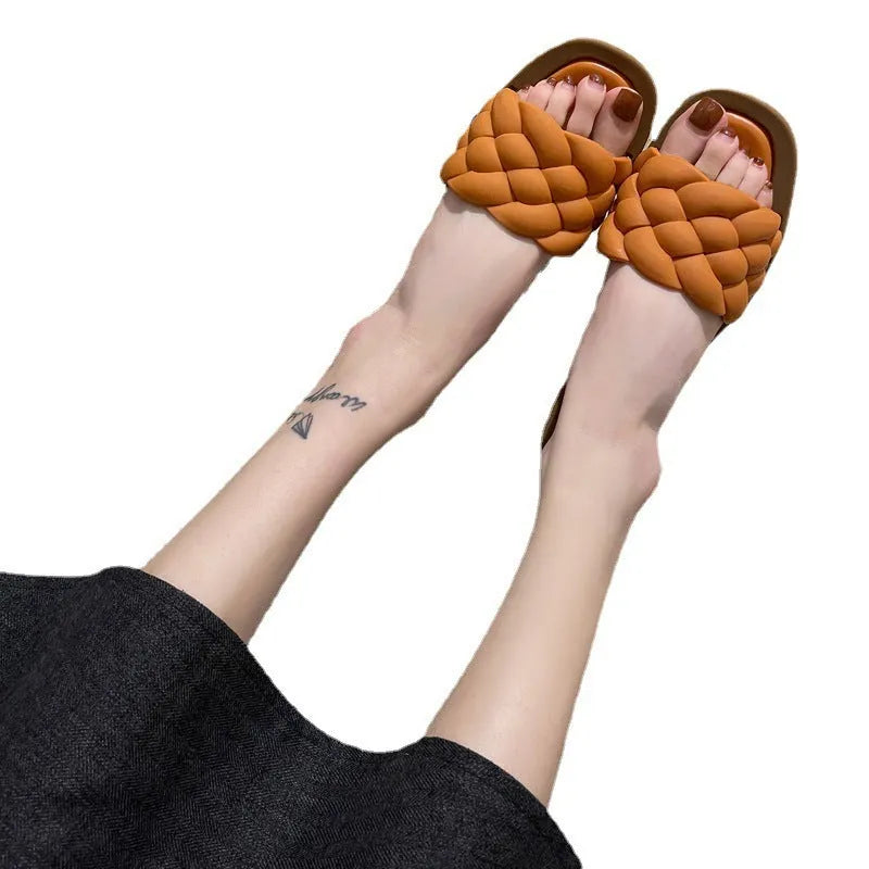 Women's plaid pattern beach sandals with thick anti-skid PVC sole, shown in white, green, orange, and black colours.