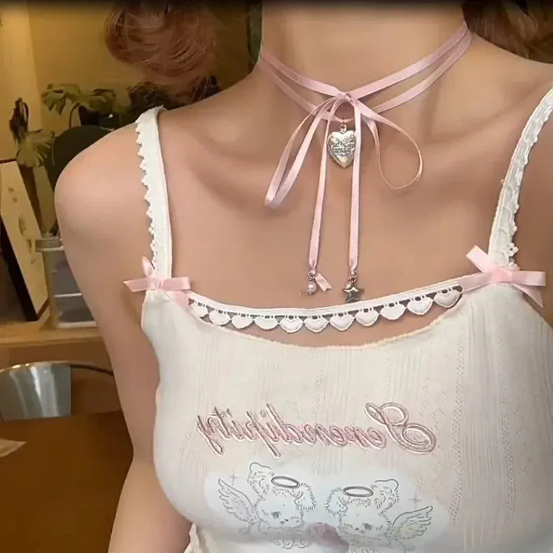 Women's ribbon love pendant fashion necklace on clavicle-length alloy chain with electroplated finish