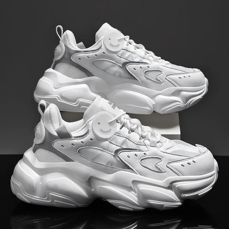 Men's PU running sports shoes in beige with stitching detail, side view