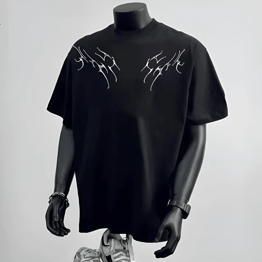 Men's black and white loose-fit pure cotton short sleeve casual shirt on a hanger.