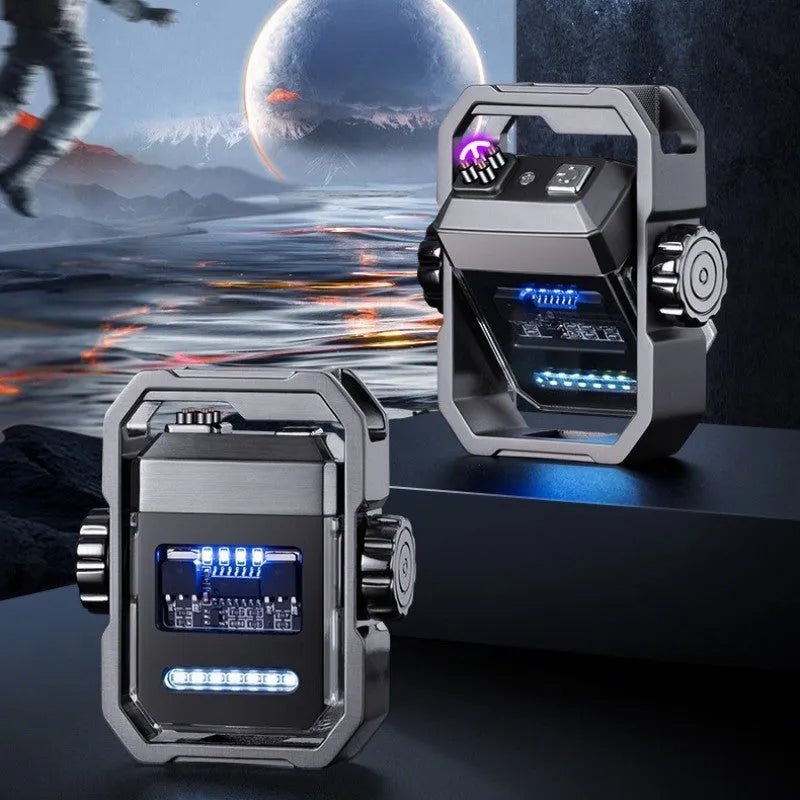 Blue Pulse X12 electric lighter with windproof double arc and a visible mechanical gyroscope, folded for storage.
