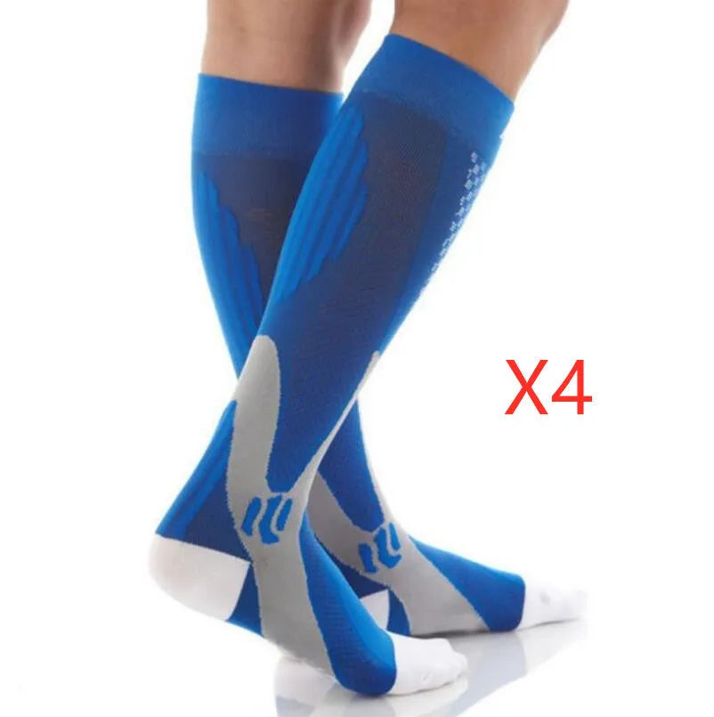 Graduated athletic compression socks for men and women in various colours and sizes.