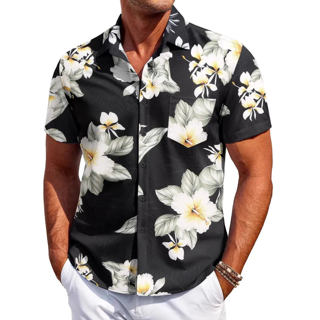 Men's slim fit Hawaiian style cardigan shirt in elastic polyester fabric with short sleeves