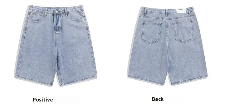 Men's light blue denim shorts with straight legs and a zipper fly on a mid-rise waist.