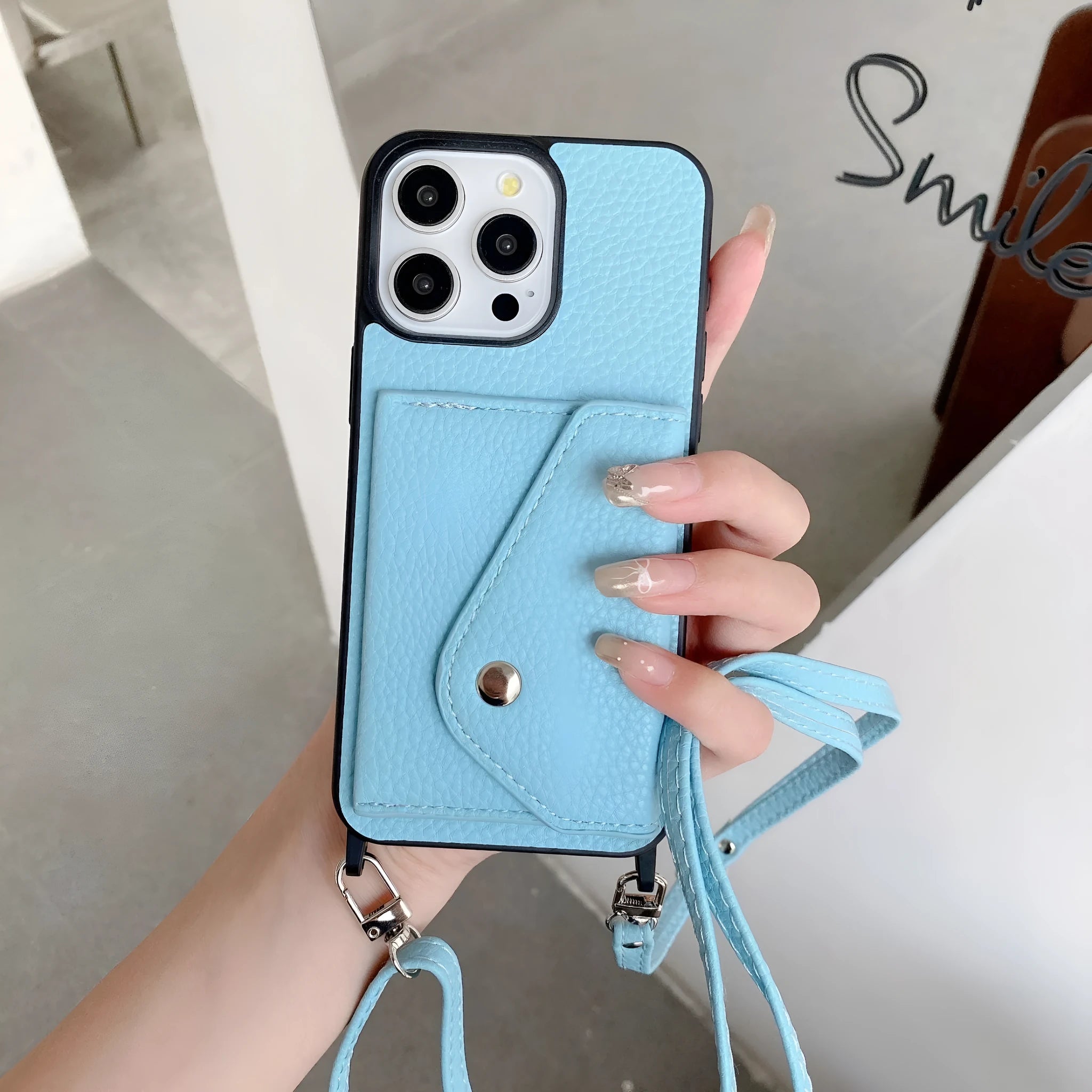 Lychee pattern crossbody phone case with card holder in Brown for iPhone 14