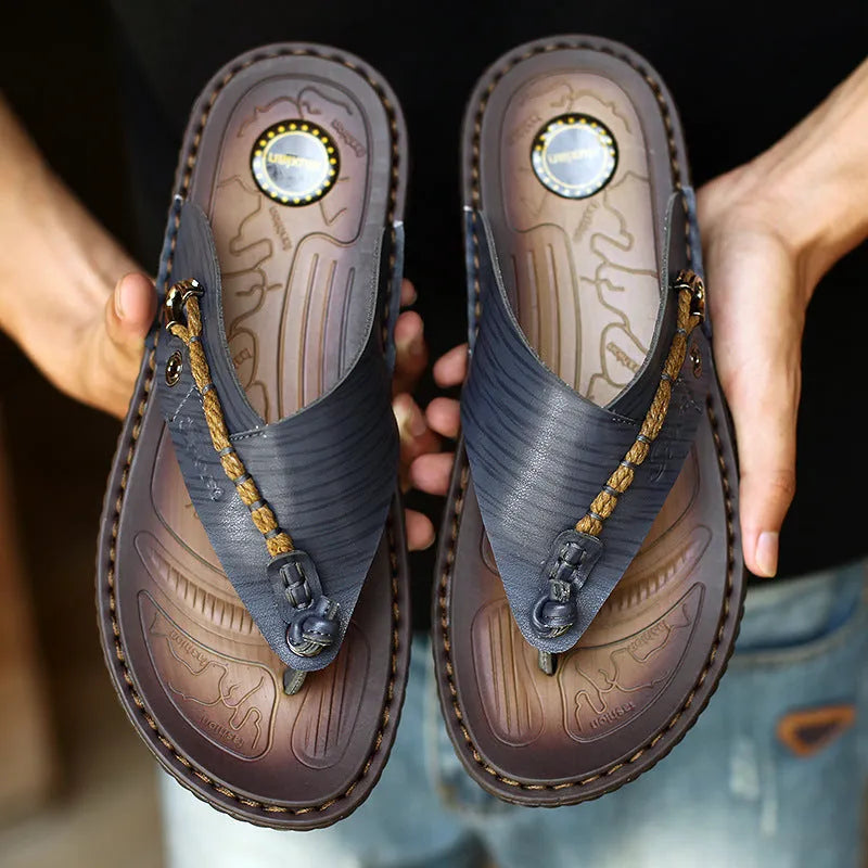 Men's dark blue herringbone pattern outdoor slippers with leather lining and rubber sole