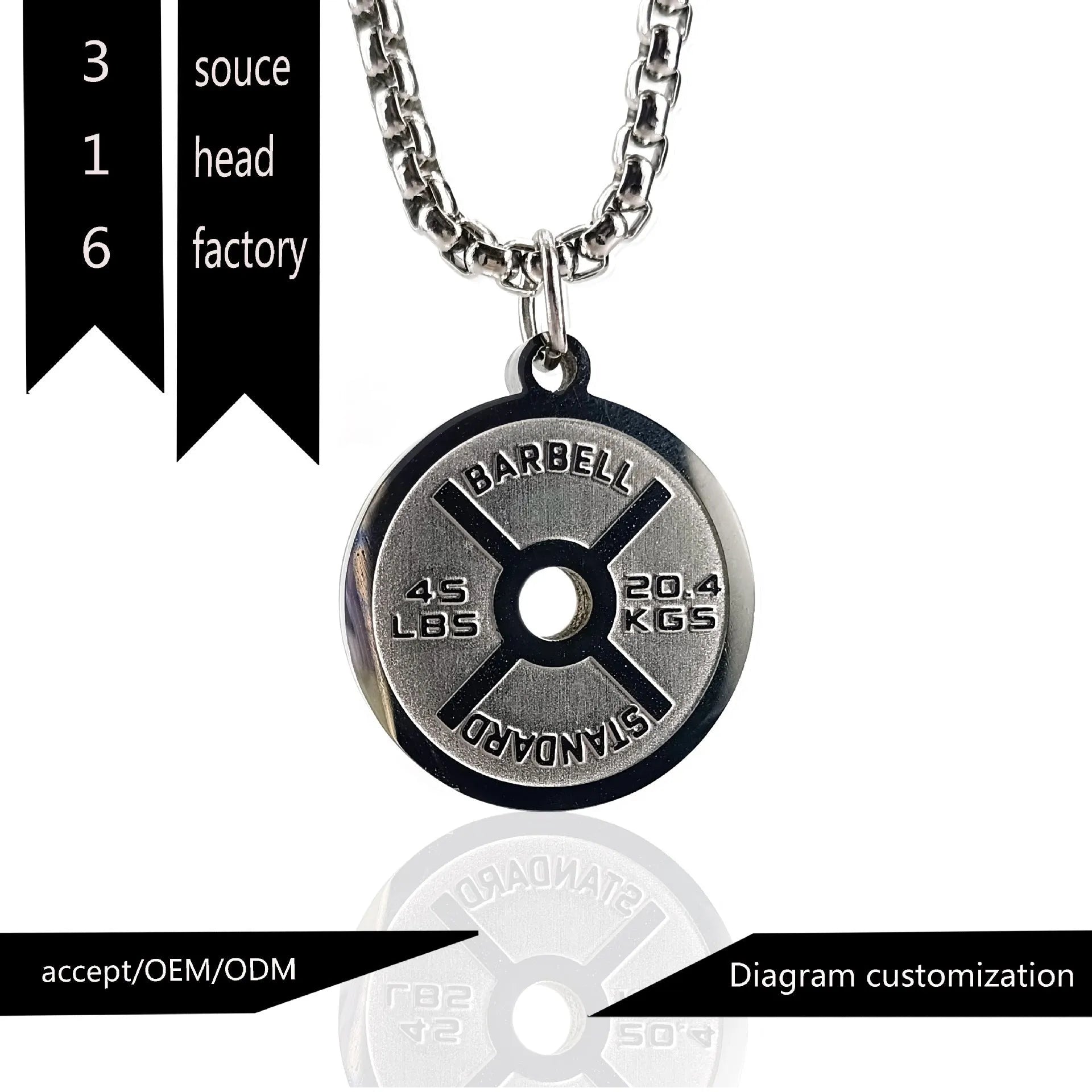Polished stainless steel barbell disk pendant on a 60cm chain, a fitness-inspired geometric necklace.