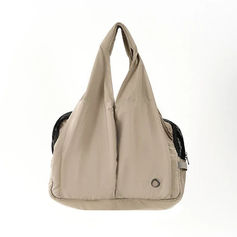 Apricot cloth pet carrier handbag showing 41 cm length and carry handle