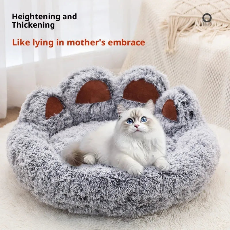 Plush two-colour thickened pet bed for dogs with hand-shaped brush nest texture, available in multiple sizes