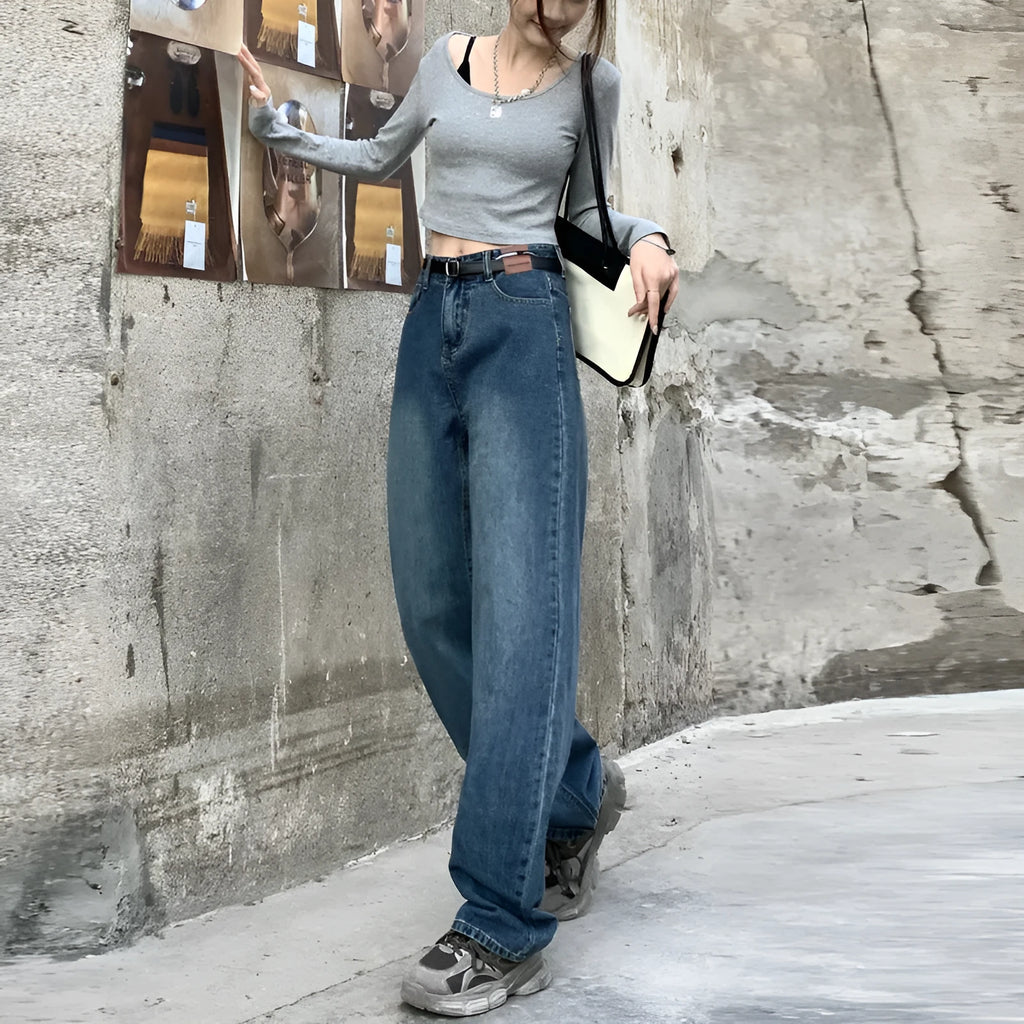 Women's high-waisted straight-leg jeans in retro blue cotton denim showing front view