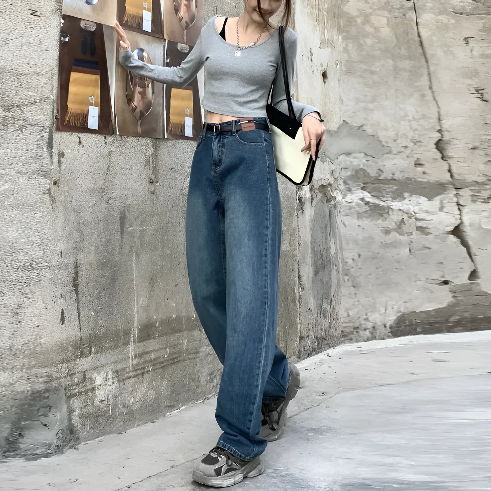 Women's high-waisted straight-leg jeans in retro blue cotton denim showing front view