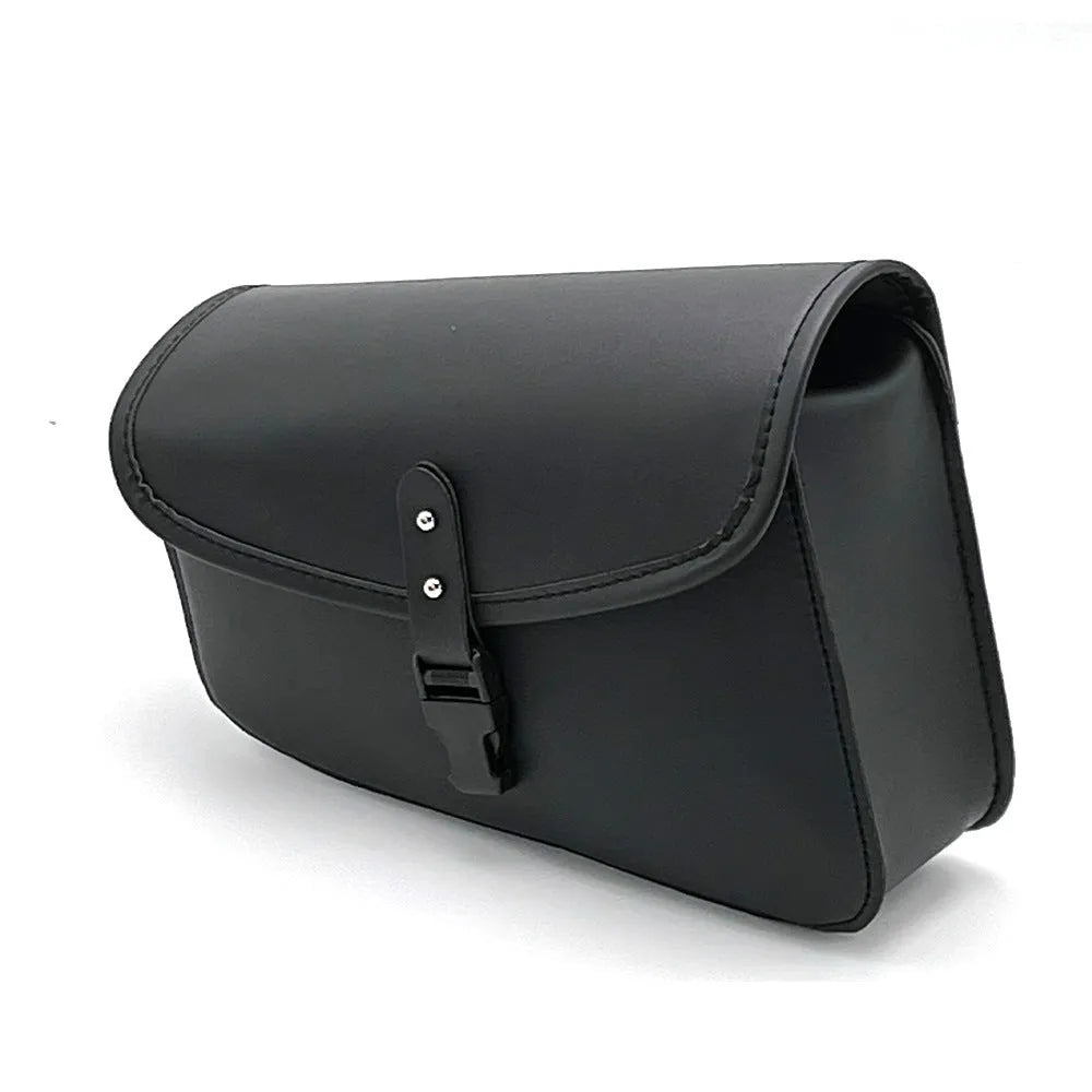 Black PU leather motorcycle swingarm bag mounted on Harley Sportster side storage