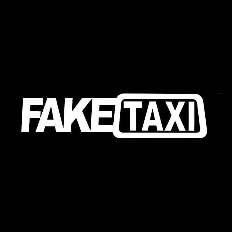 FAKE TAXI car warning sticker in black, white, and yellow, measuring 20cm by 8cm.