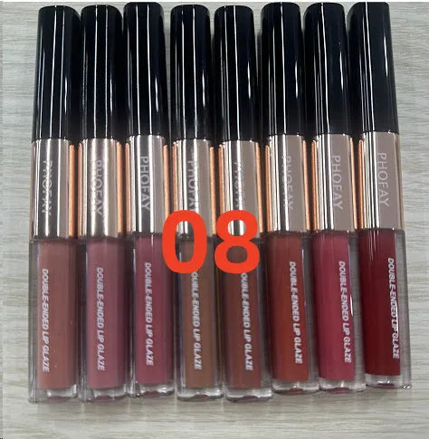 C-L021 double-head non-stick cup lip gloss tube showing two applicator tips and available in eight colours.