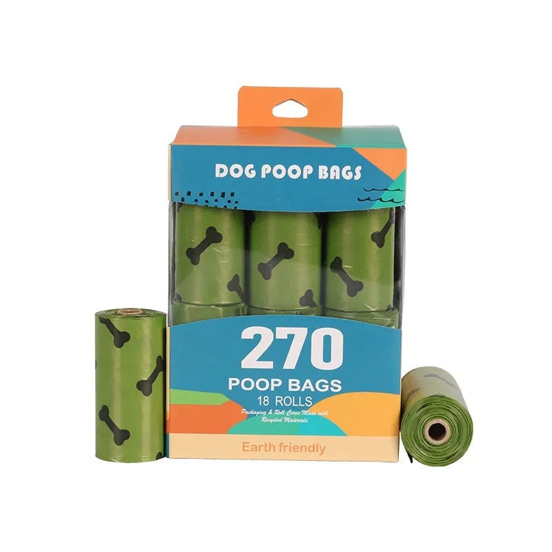 Military green degradable dog poop bags with black bone print, 23cm by 33cm size