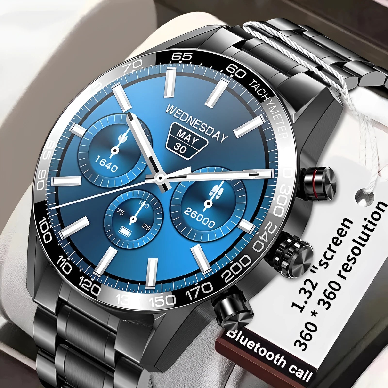 Men's Bluetooth smart phone watch with 1.3-inch LED touch screen and black strap showing health monitoring features