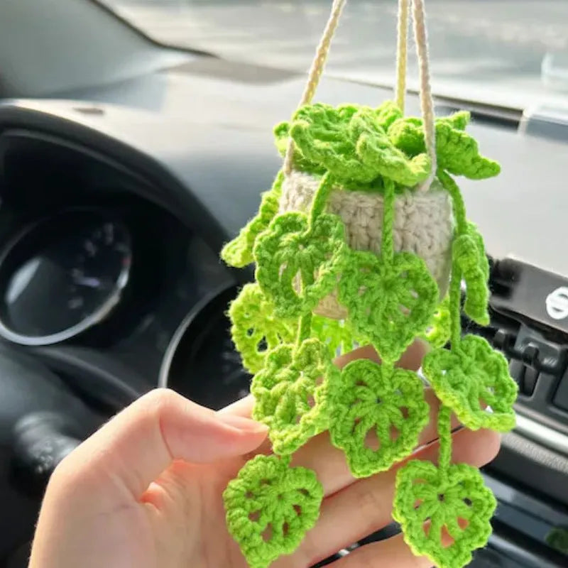 Green and white knitted wool car plant decoration hanging from a rope.