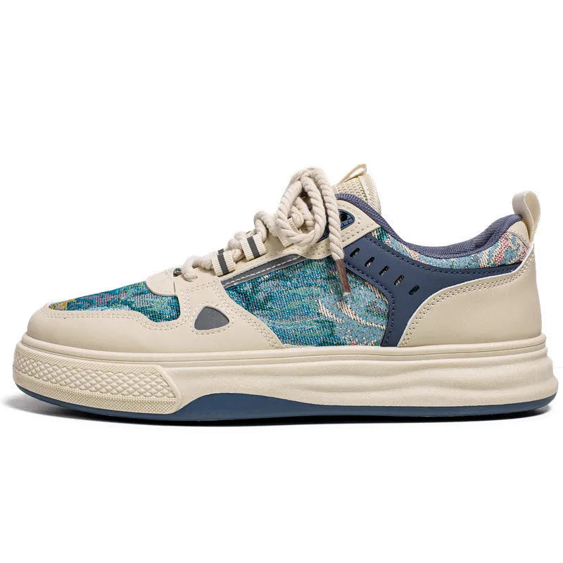 A pair of beige and Milan green canvas casual shoes with round toes and flat heels on a white background.