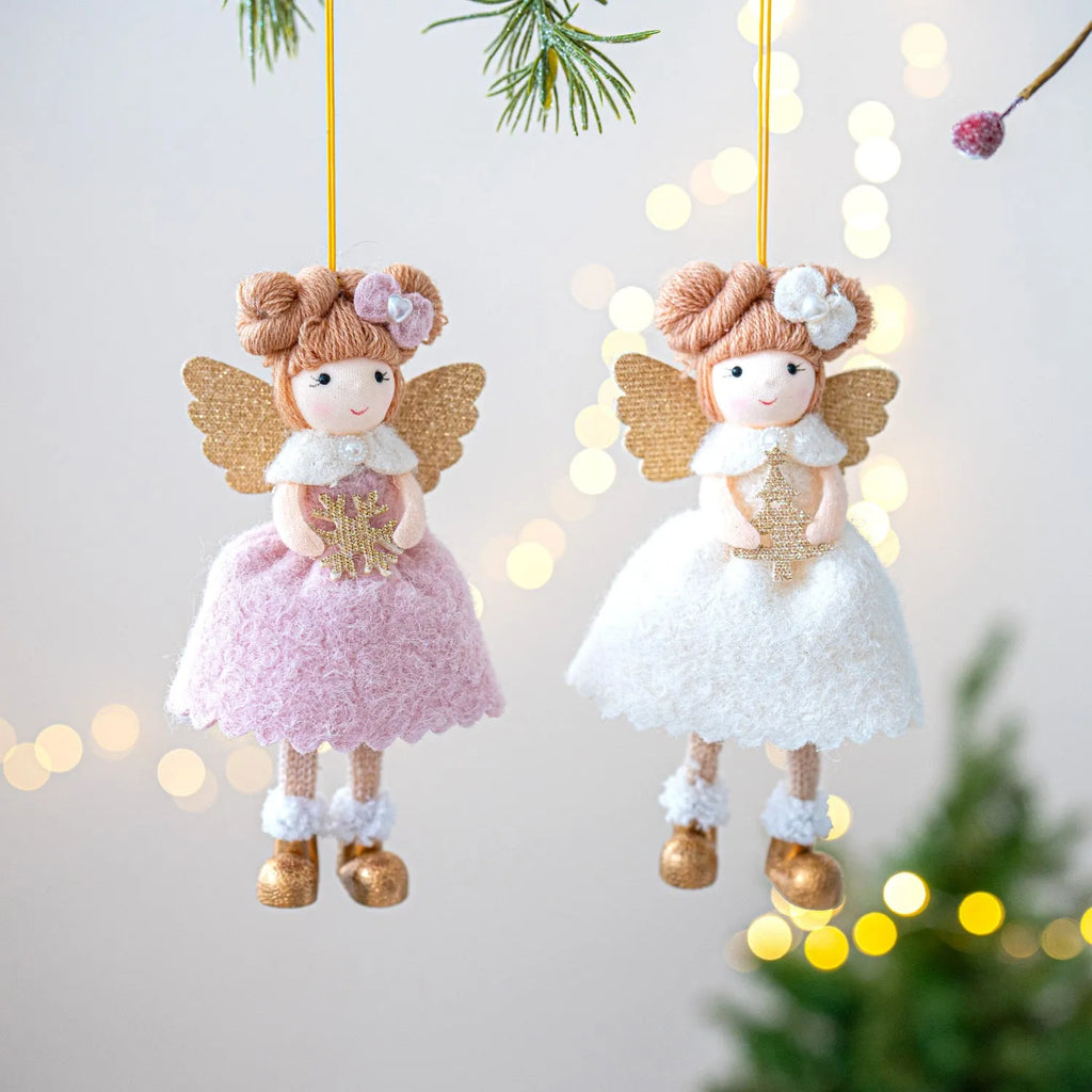 Soft pink and white cloth Christmas angel wings plush pendant ornament hanging.