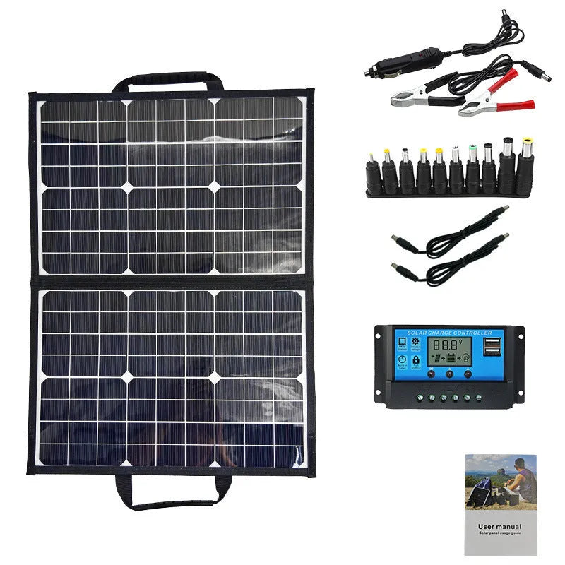 Black foldable solar panel charger bag showing 40W single crystal panel, folded for transport.