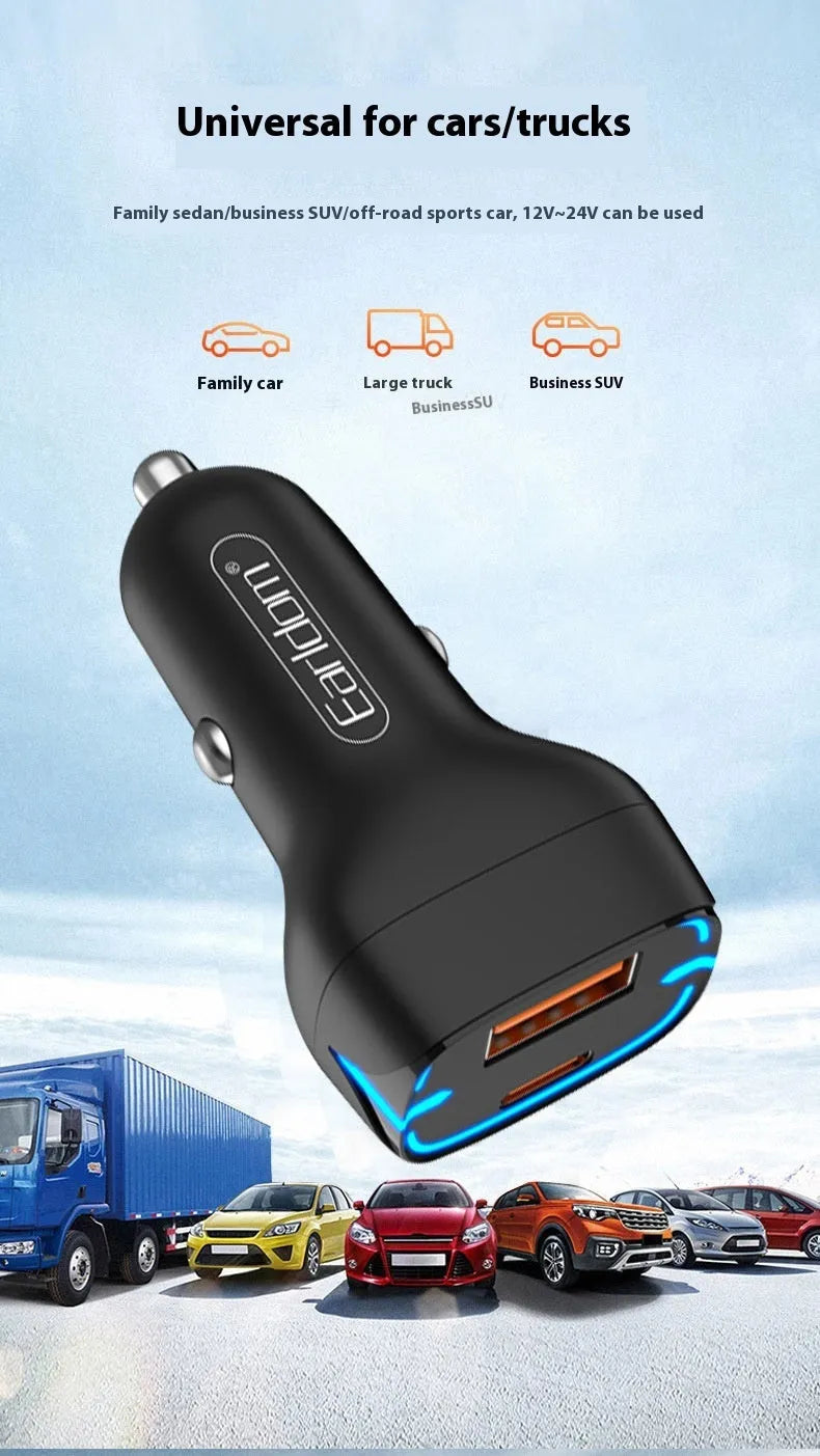 QC3.0 fast car charger with PD USB output, black plastic and metal design, for cigarette lighter socket