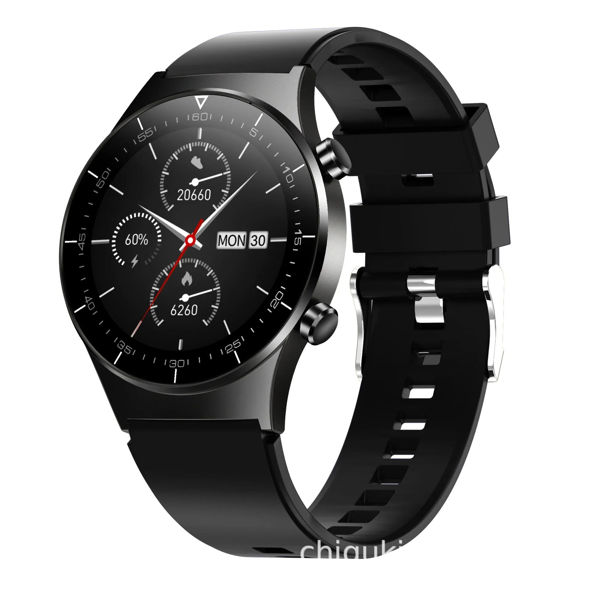 Black smart watch with TPU wristband showing 1.3 inch screen displaying heart rate and blood pressure readings