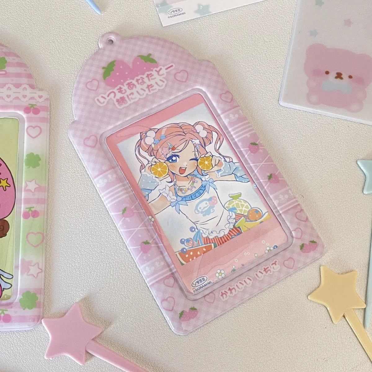 PVC cartoon meal card holder with strawberry or four leaf clover design for 3-inch cards