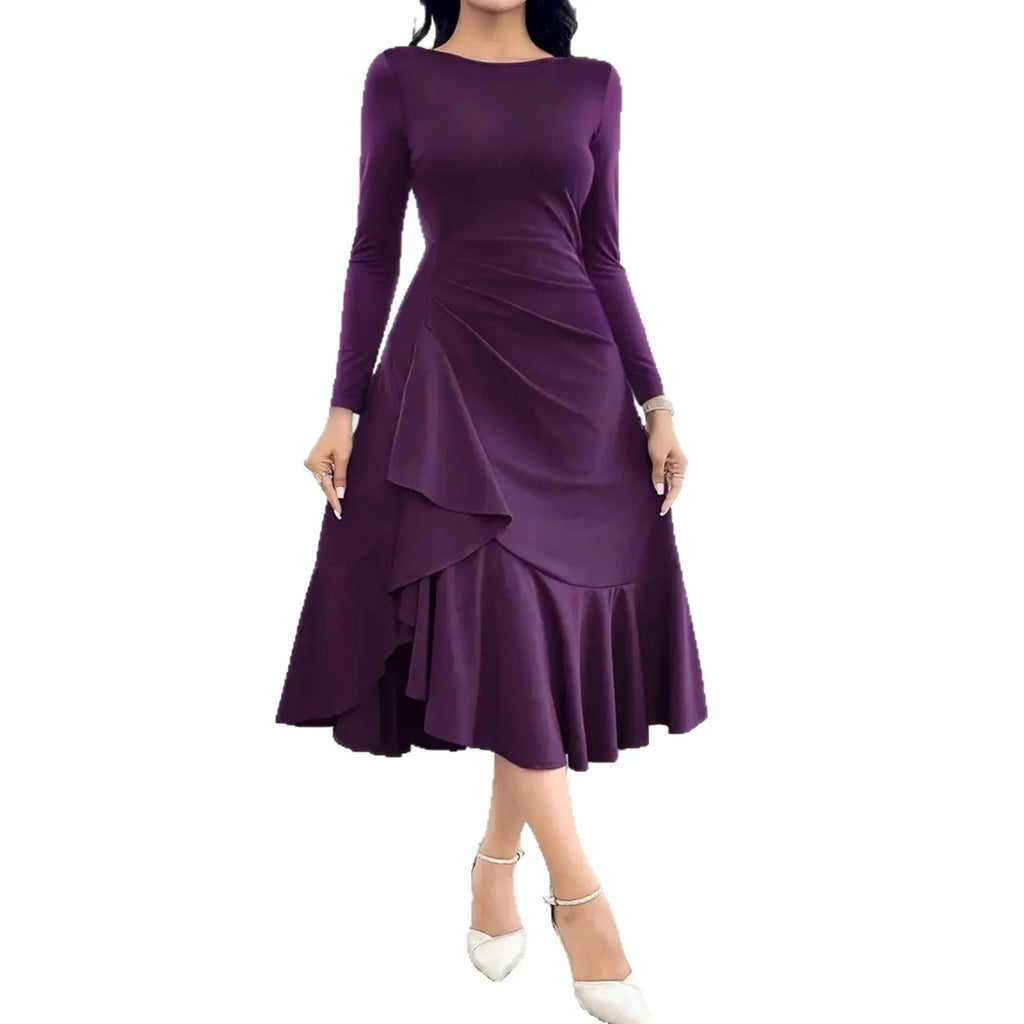 Purple women's long sleeve dress with round neck and ruffle details