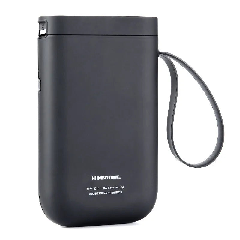Compact D11 Bluetooth thermal label printer in black, white, pink, or green with smartphone showing label design app.