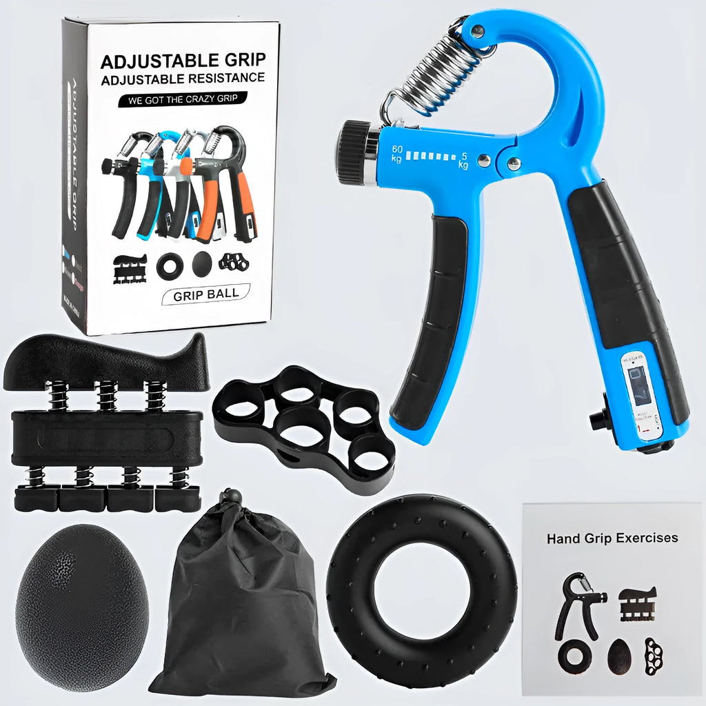 Adjustable count spring grip five-piece set with black and blue hand trainers on a white background