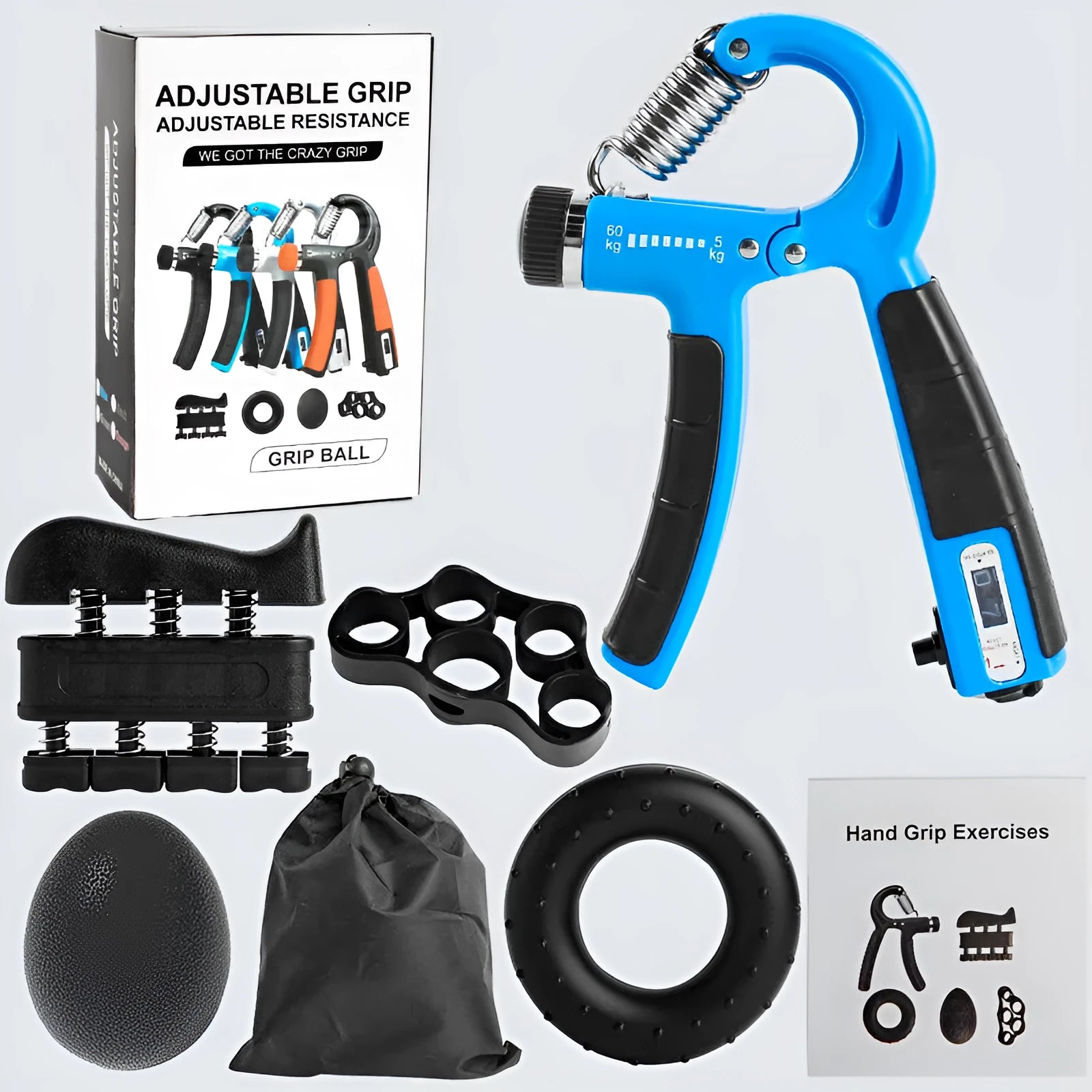 Adjustable count spring grip five-piece set with black and blue hand trainers on a white background