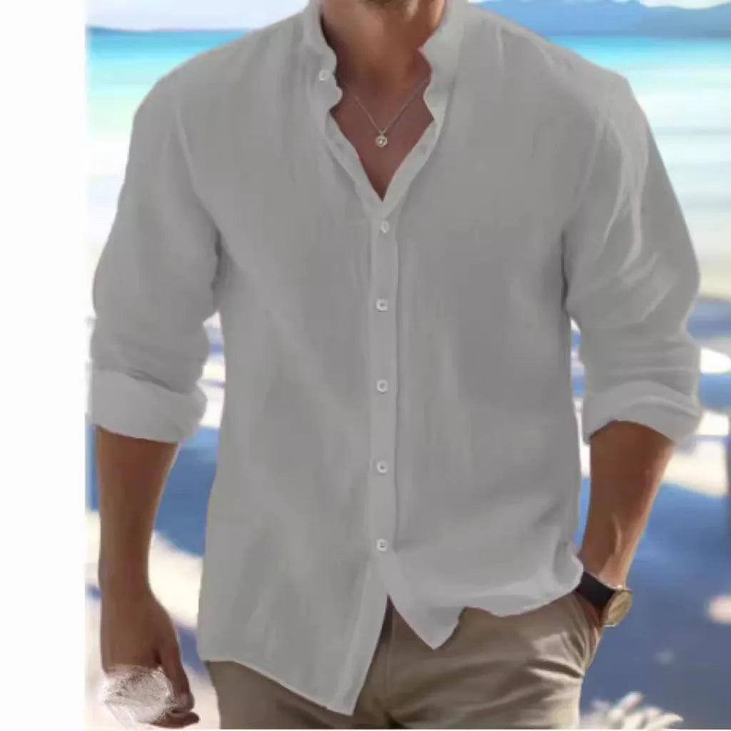 Men's light grey linen button-down summer shirt with a casual pullover style on a hanger.