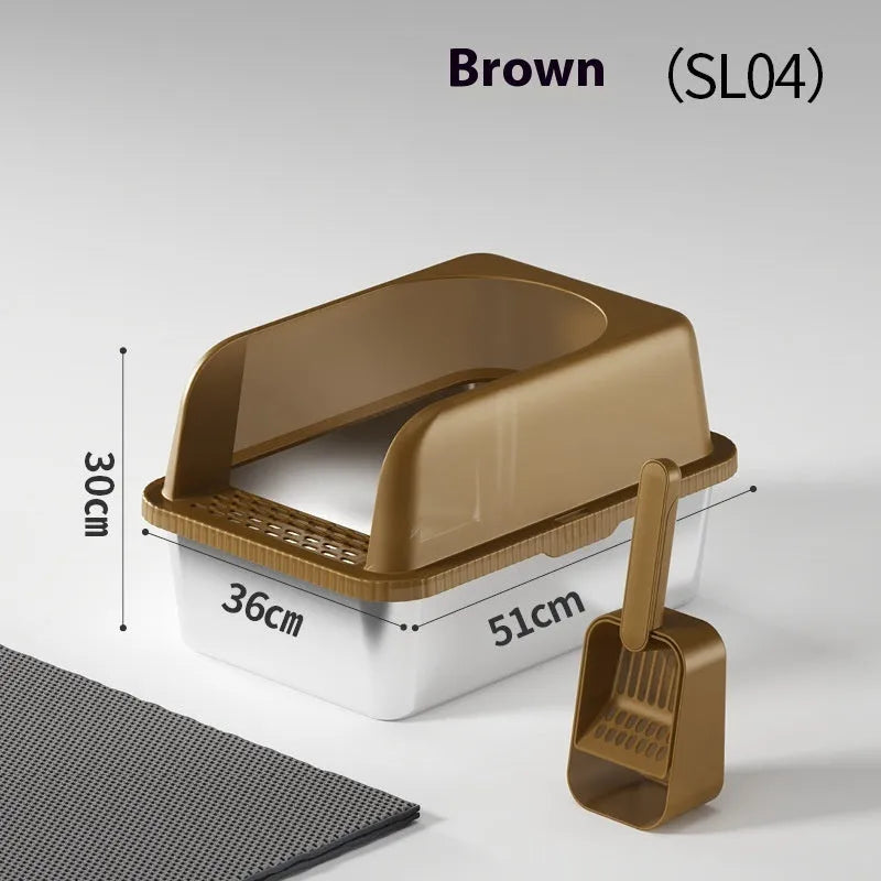 Stainless steel cat litter box with double-layer pad and scoop in dark gray colour