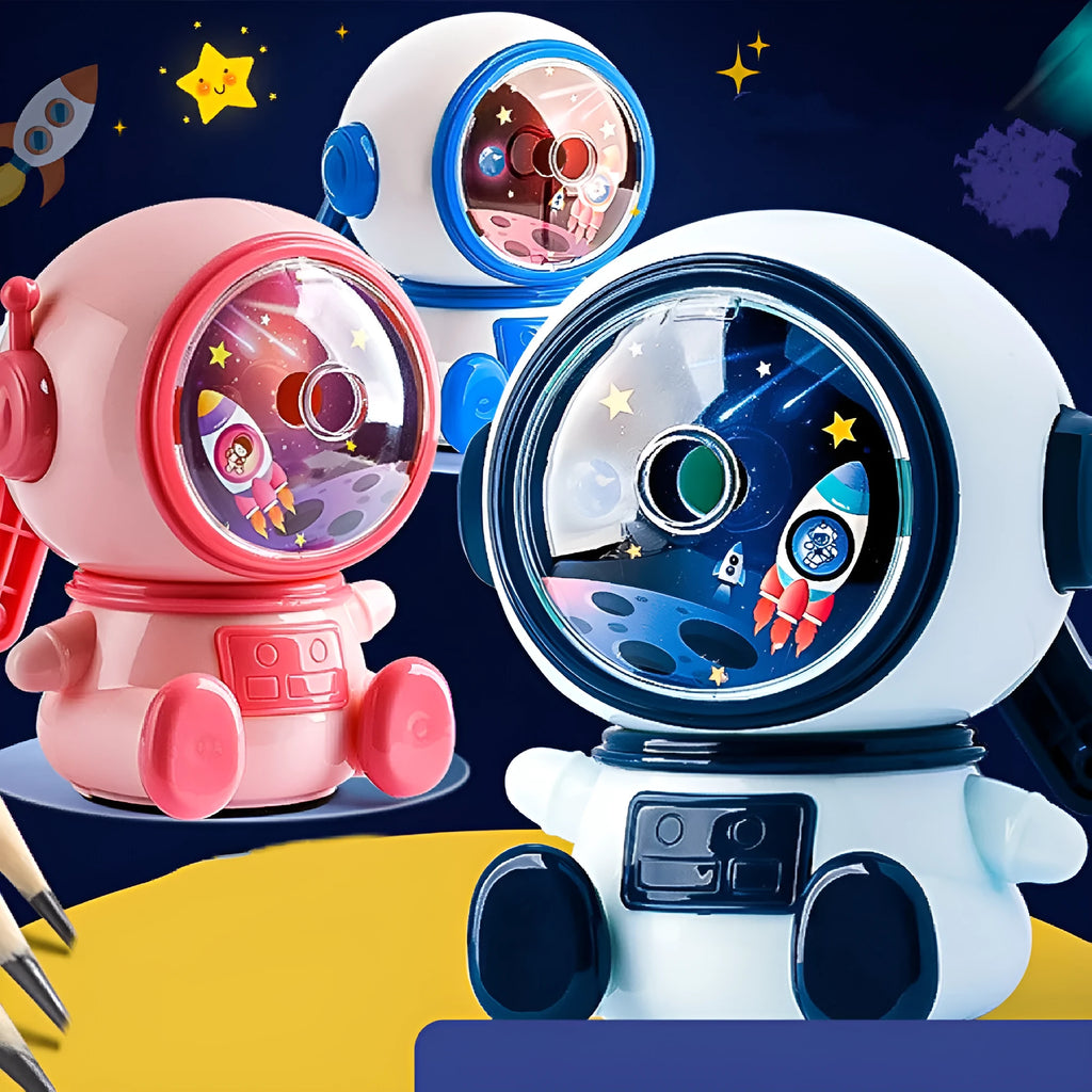 Cartoon astronaut pencil sharpener in blue or pink colours with manual operation