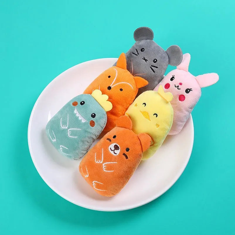 Set of four colourful plush catnip toys for chewing and interactive play with vocal sounds