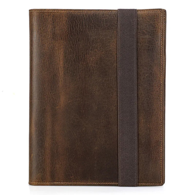 Brown Crazy Horse leather A5 notebook protective sleeve with square socket closure