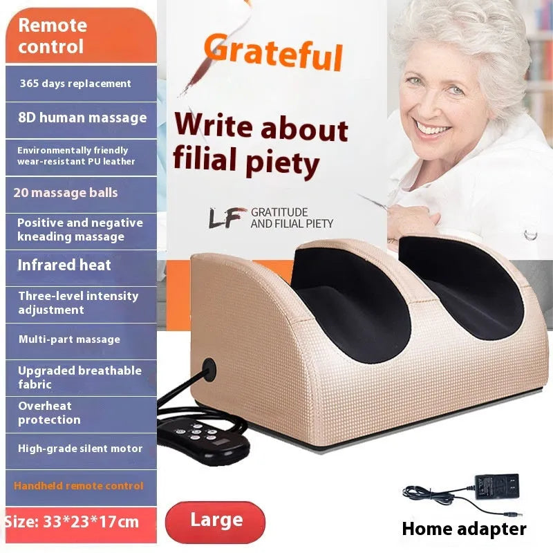 Automatic electric foot massager machine in gold colour with remote control on a wooden floor
