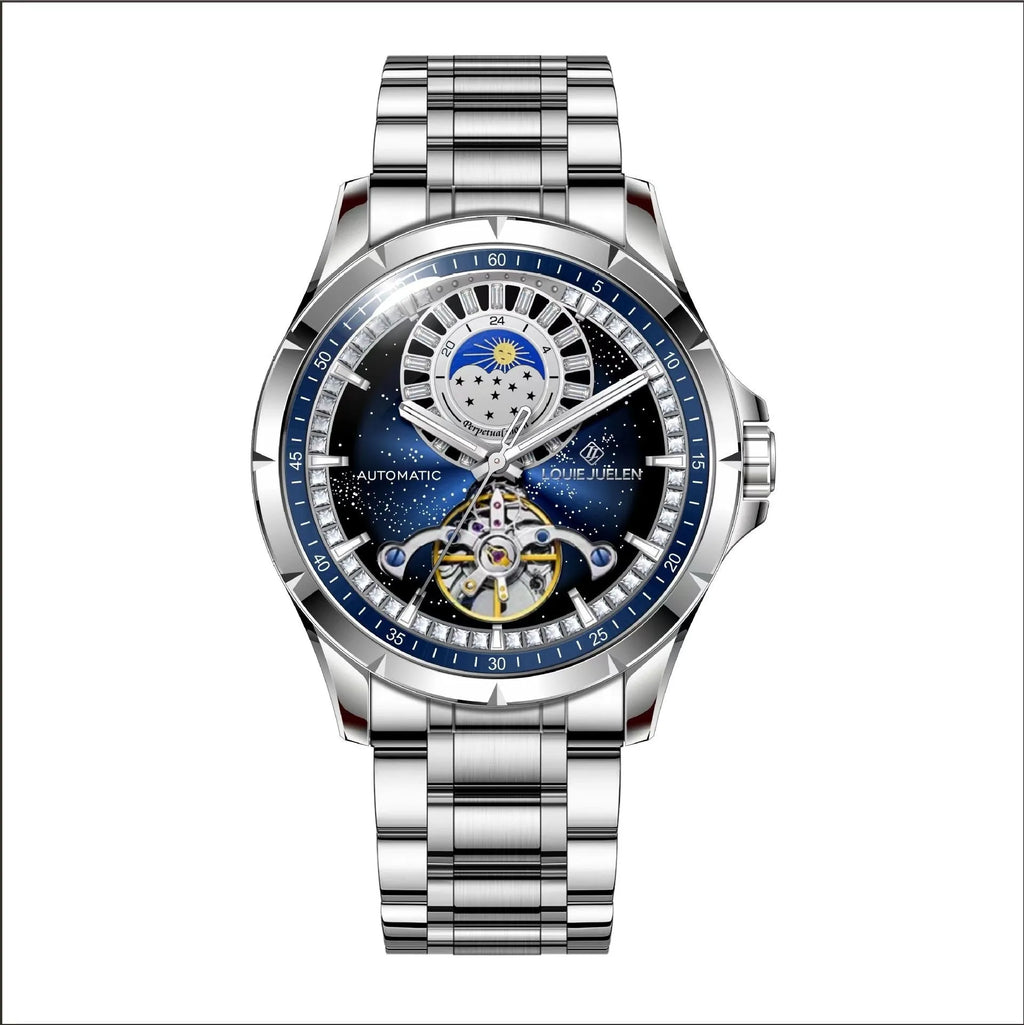 Men's waterproof automatic mechanical watch with silver case, blue dial and stainless steel strap